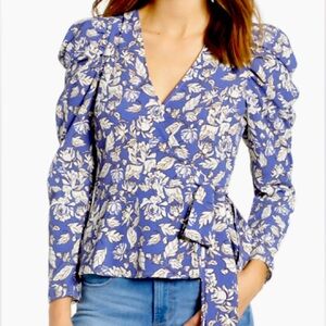 ASTR Floral Wrap Style Peplum Blue and White Blouse Top